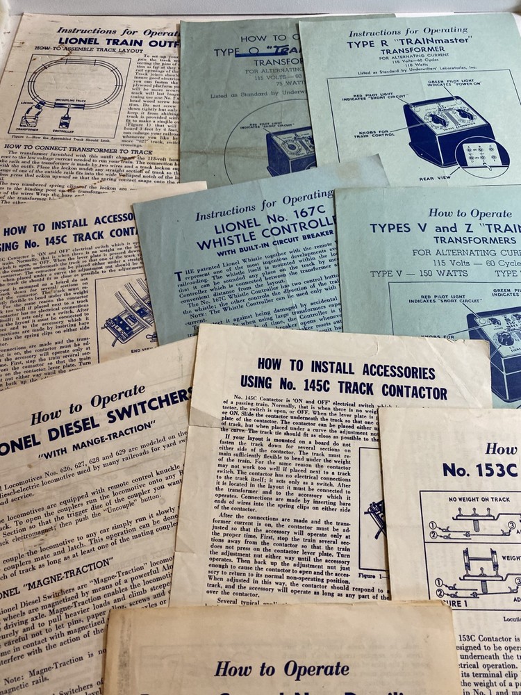 10 Lionel Instruction sheets all different