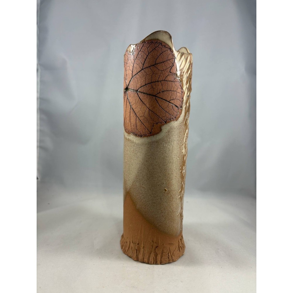 Vtg Handmade Pottery Stoneware/Earthenware Abstract Imprinted Leaf Pattern Vase