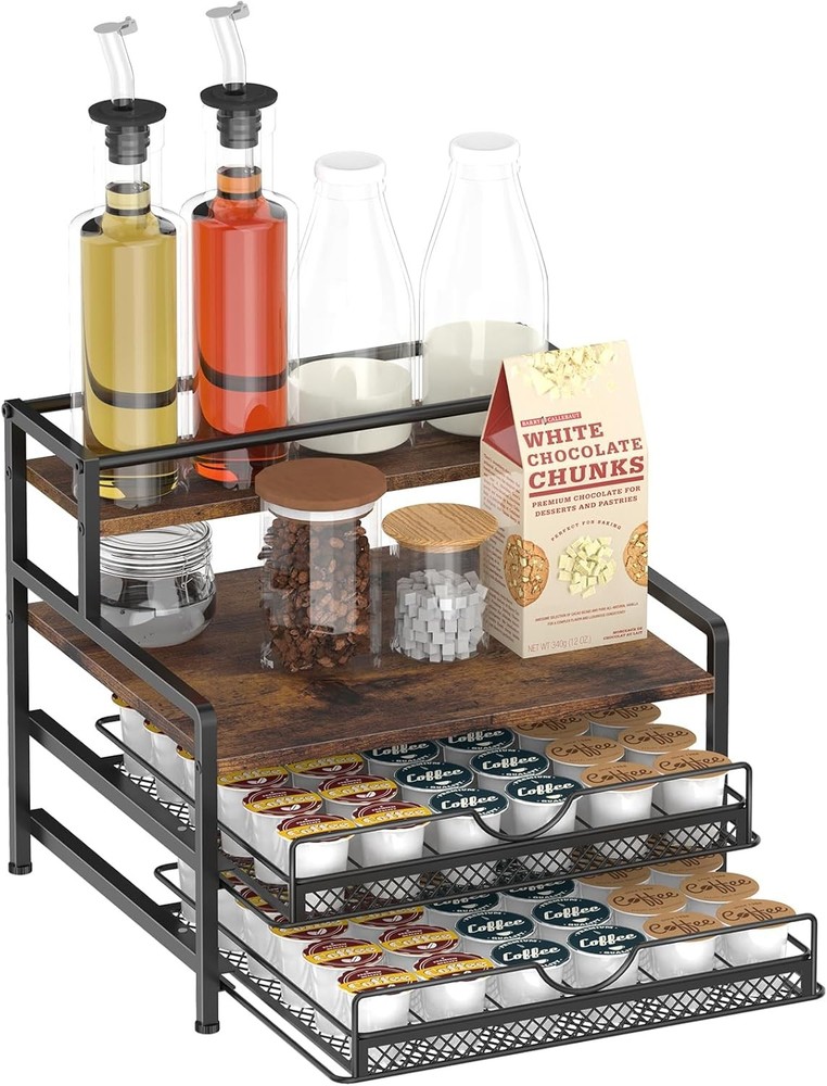 Coffee Bar Pod Organizer 3 Tier Coffee Syrup Rack w/72 K Cup Storage Drawer