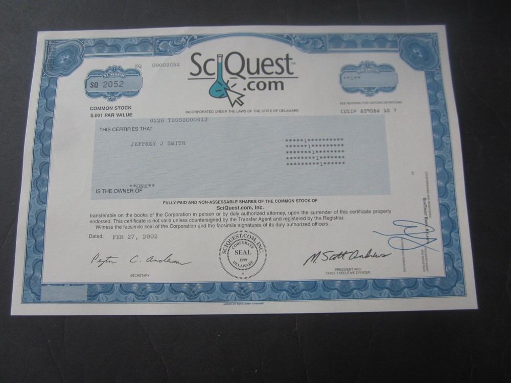 2002 - SCIQUEST.COM INC.  -  Stock Certificate