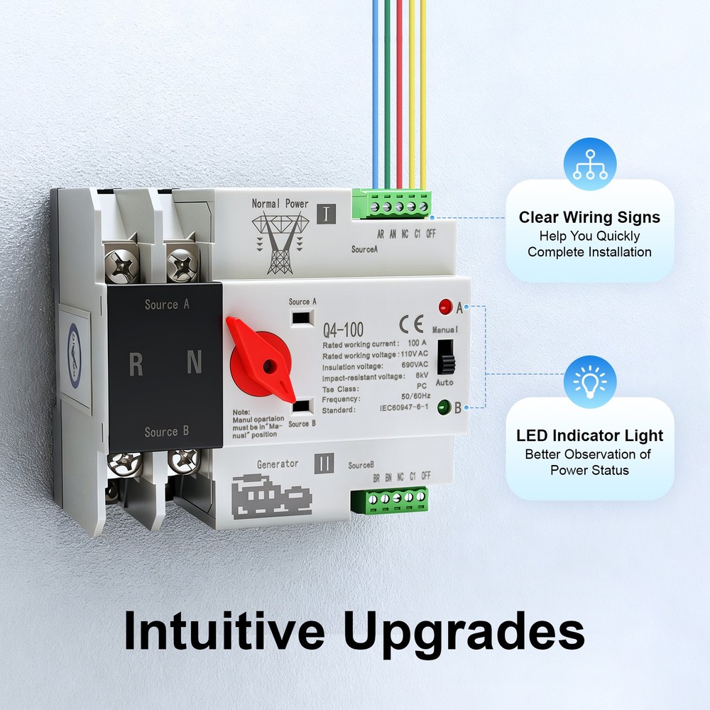 2P 100A Dual Power Automatic Transfer Switch Power Generator Changeover Switch