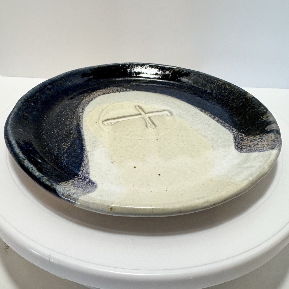 Signed Hand Crafted Studio Pottery Plate Embossed Cross Design Stoneware