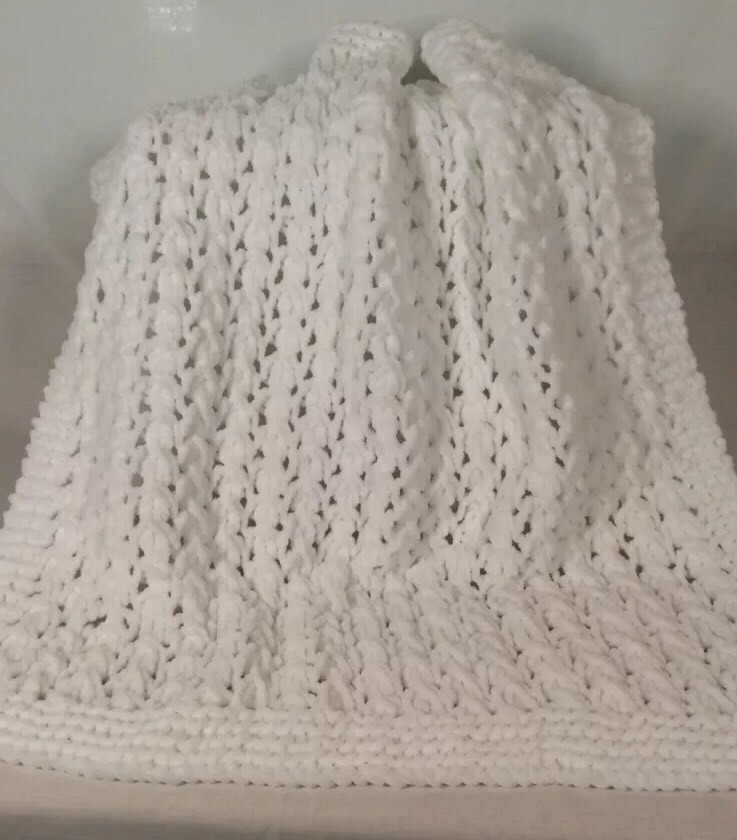 Hand Knitted White Supersoft Chenille Baby Blanket