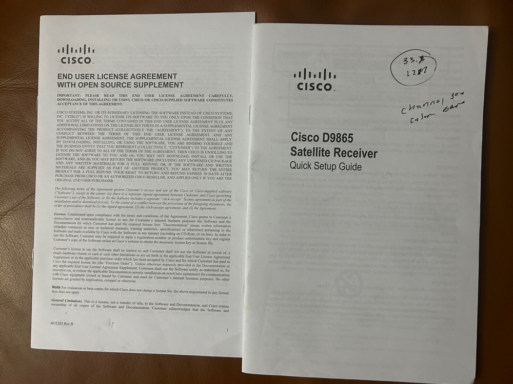Satellite TV Receiver Decoder CISCO D9865-H ~ Remote, Power, Manuals, Cable ~ VG