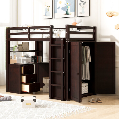 Solid Wood Loft Bed with Desk and Wardrobe Storage Cabinet Twin Size Bed Frames