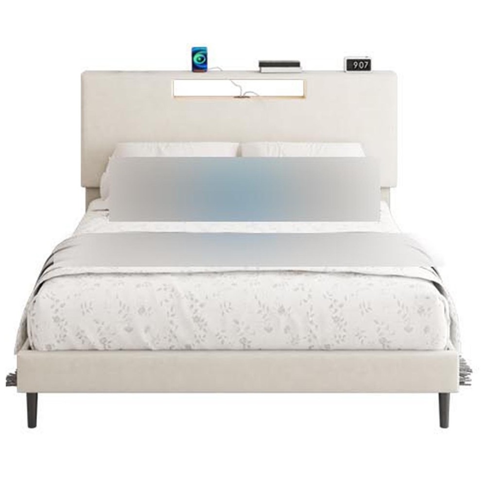 Upholstered Platform Bed Large Size Frame With LED Light And Charging Function