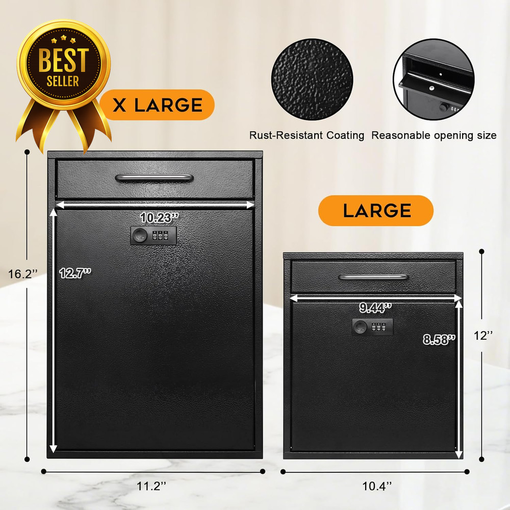 Wall Mount Locking Mailbox Combination Security Key Drop Box XL Black