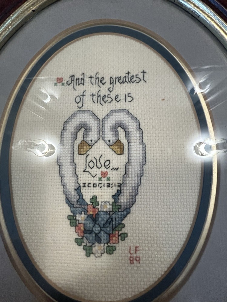 Vintage Handcrafted Cross Stitch Scripture Oval Frame