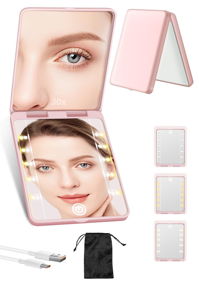 Compact Mirror, Rechargeable 30X Magnifying Mirror with 3 Lighting Modes  Dim...