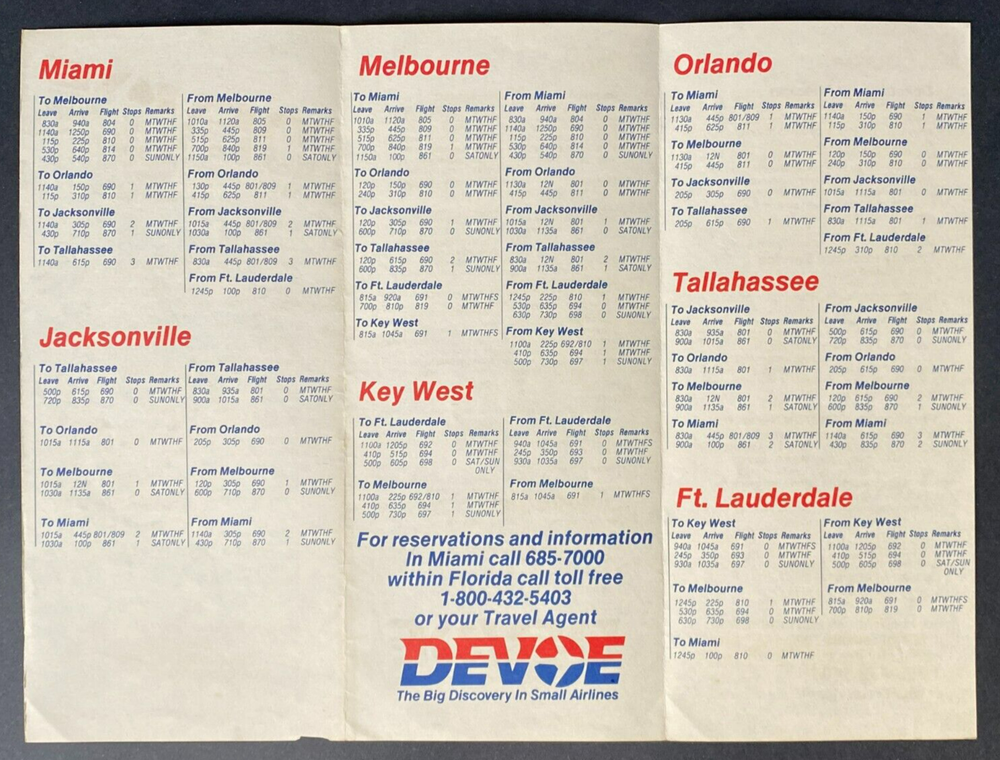 Devoe Airlines Timetable Effective May 17, 1982
