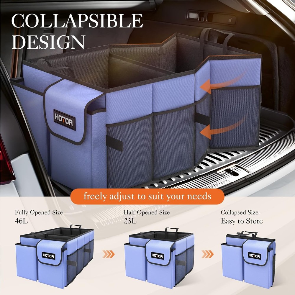 HOTOR Large-Capacity Trunk Organizer - Foldable for SUVs & Medium, Blue