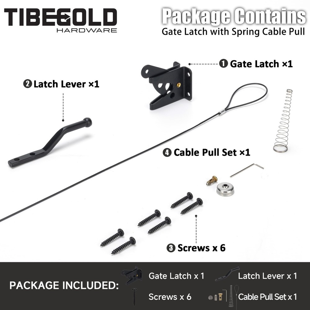 TIBEGOLD Self Locking Gate Latch with Spring Cable Pull, Black Gravity Lever...