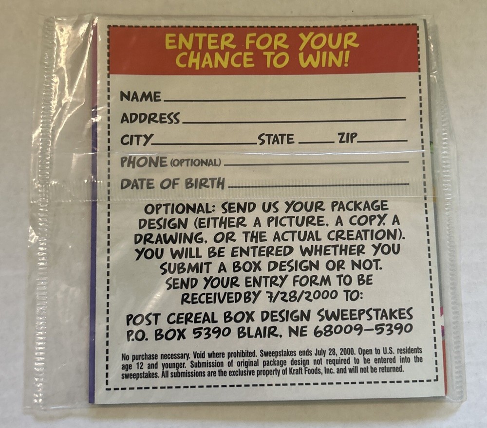 2000 POST Cereal Wacky Box Design Sweepstakes Unopened Sealed