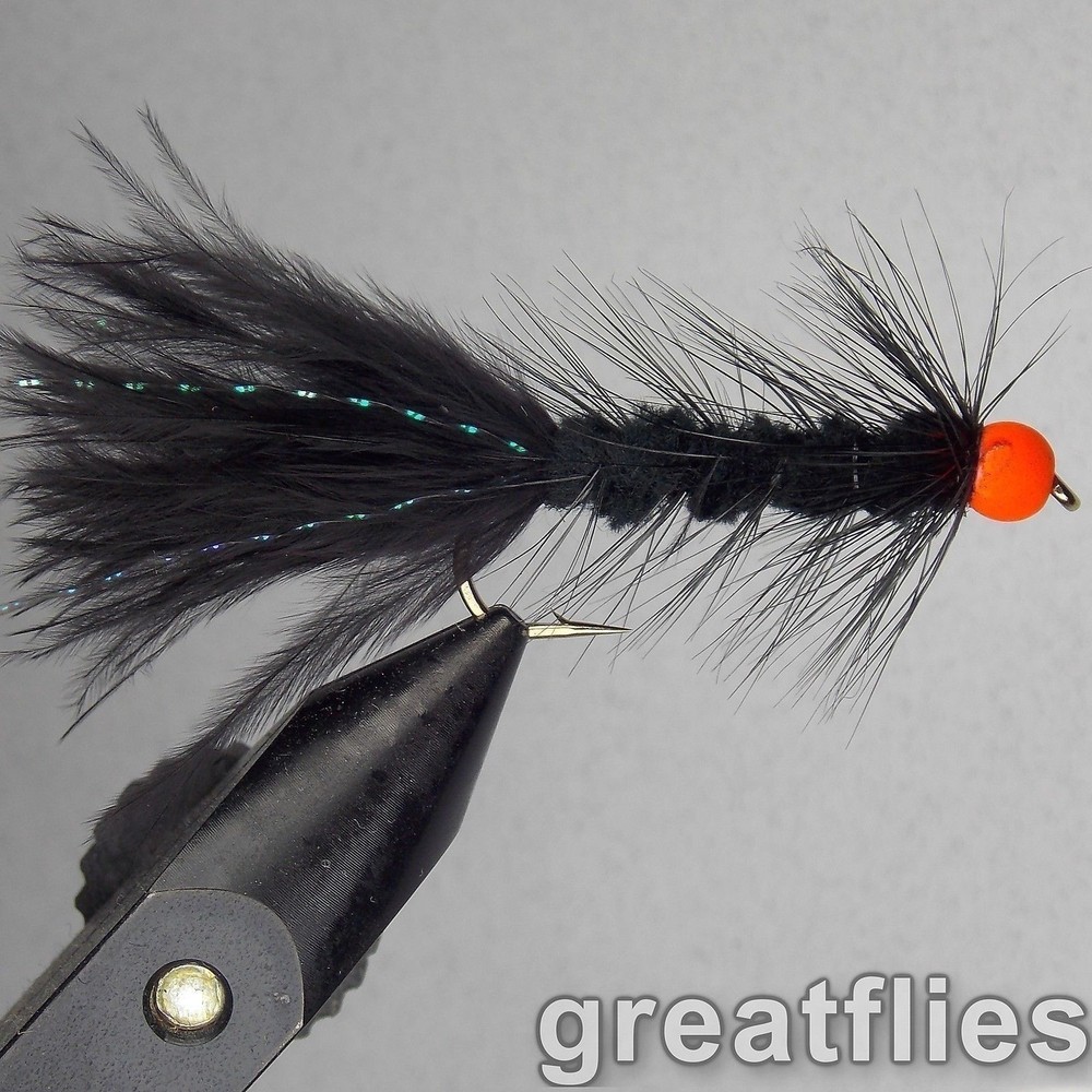 1 dozen (12) - Woolly Bugger - BLACK - Orange Bead Head