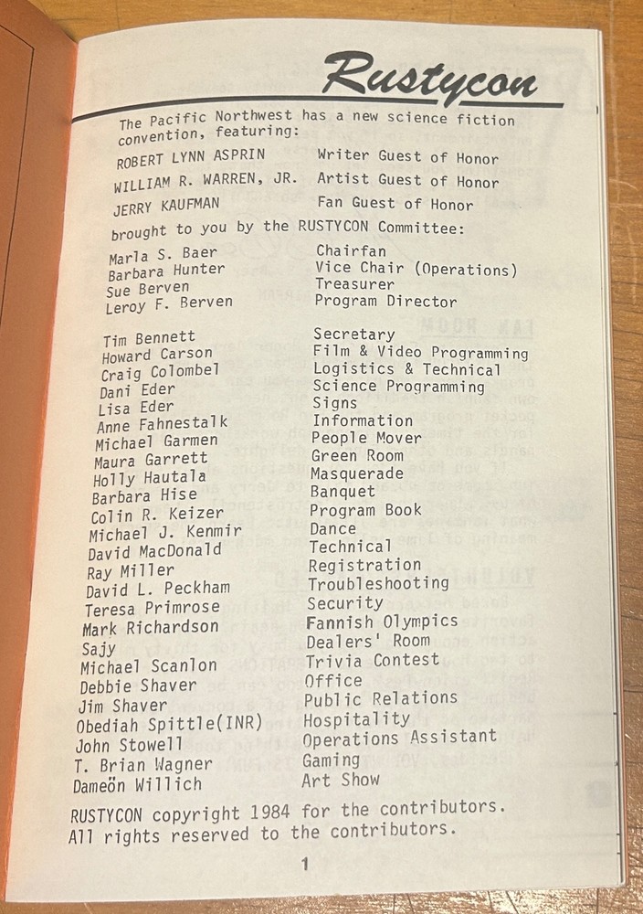 1984 RUSTYCON SCIENCE FICTION CONVENTION PROGRAM + POCKET PROGRAM SEATTLE PNW