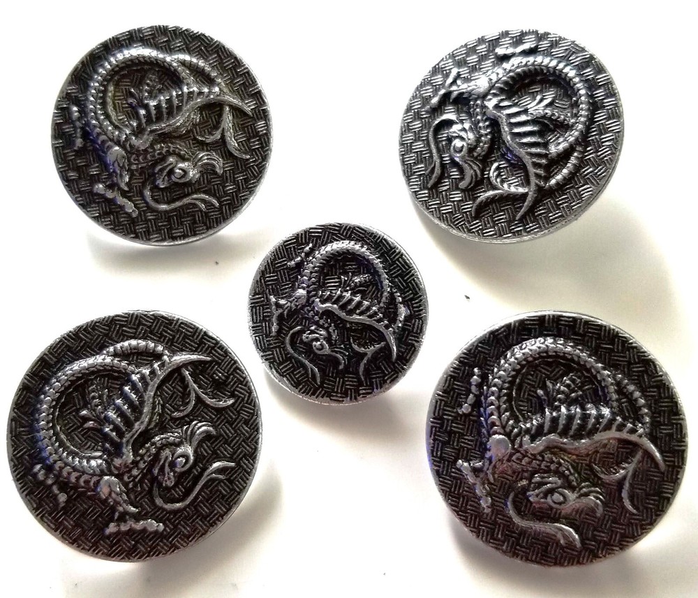 5 Shank Dragon Buttons plastic silver colored  detailed