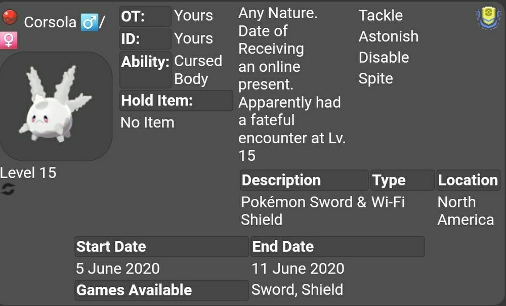 Event Corsola For Pokémon Sword & Shield