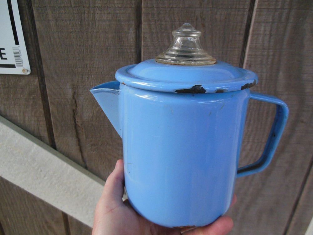 Vintage Percolator Light Blue Graniteware Metal Coffee Maker
