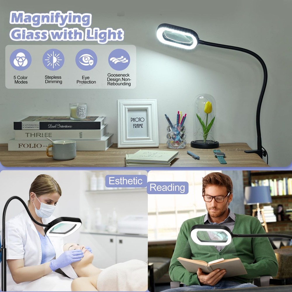 10X Rectangular Real Glass Magnifying Glass with Light and Stand, 24" Flexibl...