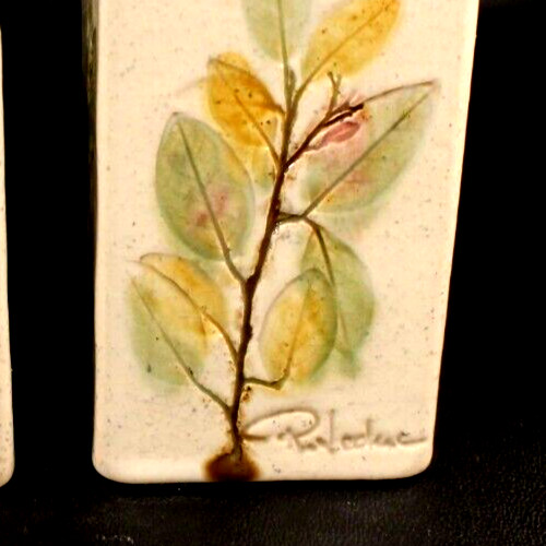 Leaf Impressed 2 Vases / Planters 4" Tall Organic Signed Rectangular EXCELLENT