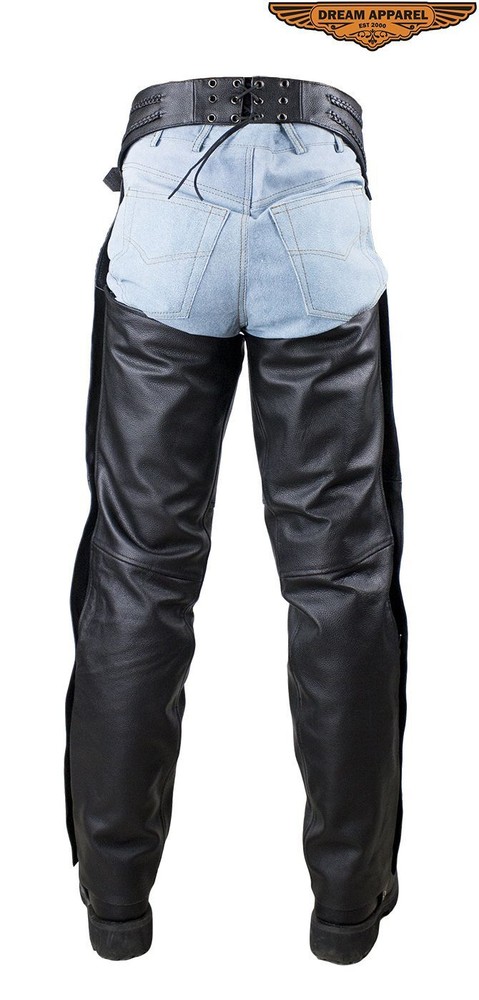 Black Quality Split Leather Men's Motorcycle Biker Braided Chaps W/ Mesh lining