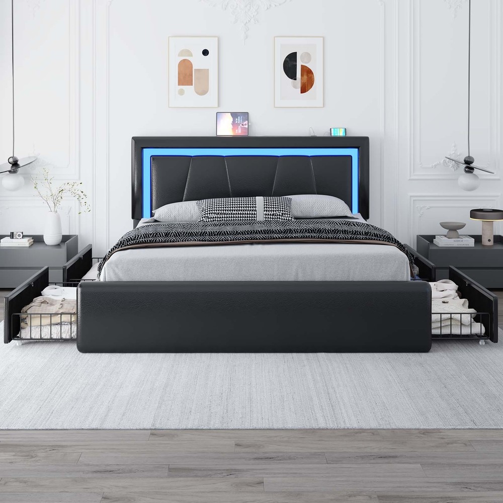 Full/Queen Bed Frame with  Upholstered LED Headboard＆4 Storage Drawer, Charging