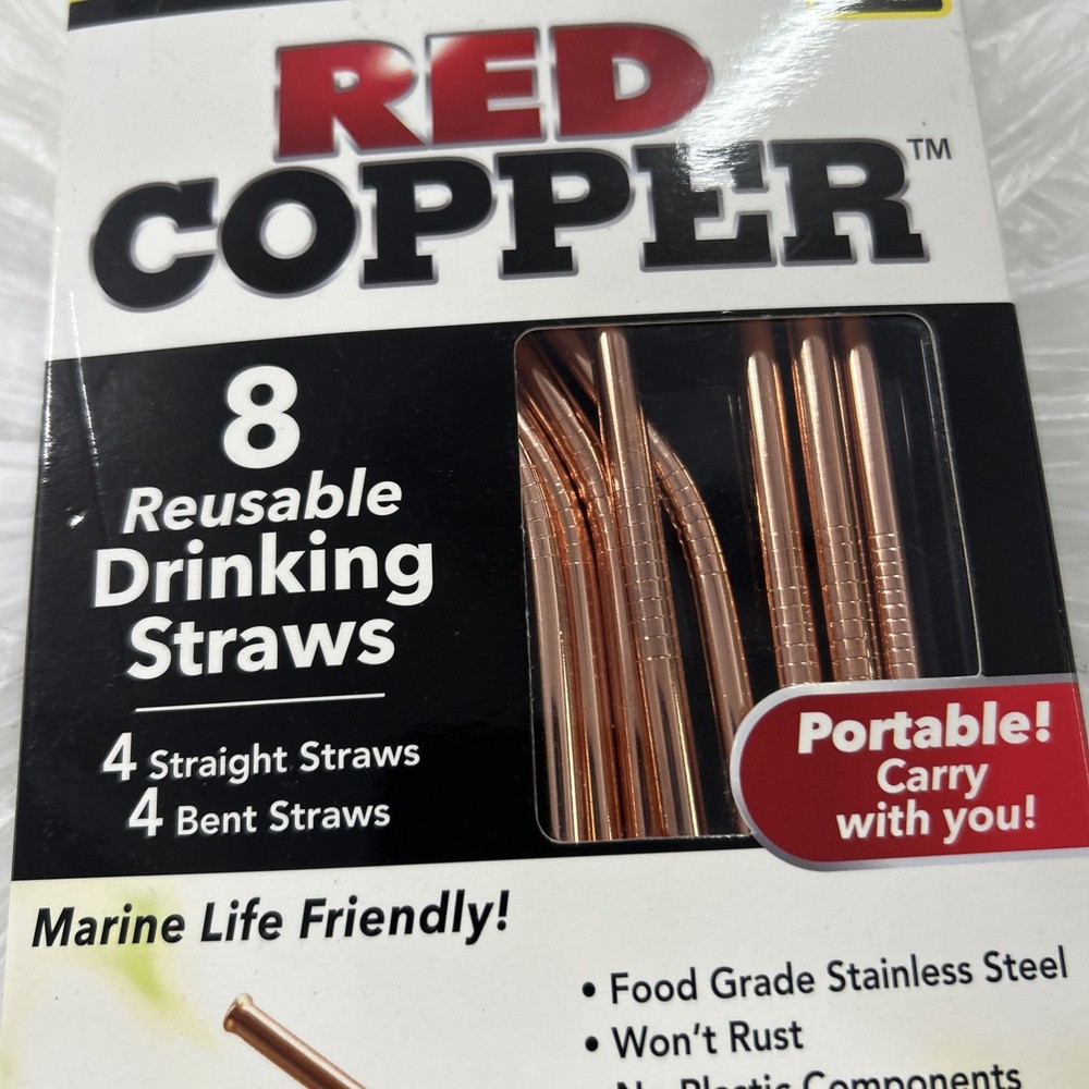 Red Copper Reusable Drinking Straws 8 Pack Includes Cleaning Brush NEW