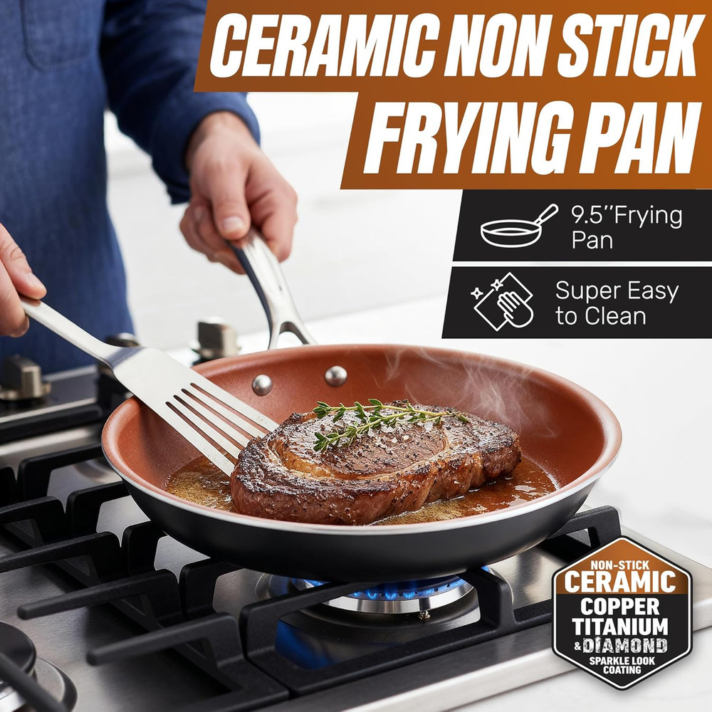 12 Pc Nonstick Ceramic Cookware Set with Steamer – Copper