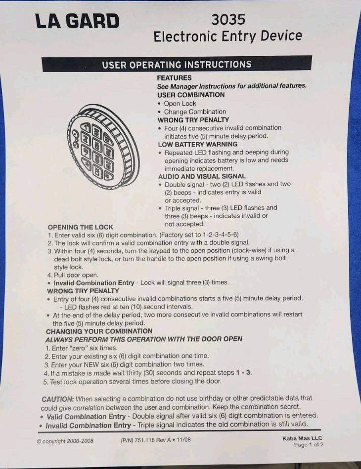 Lagard 39E Electronic Lock with 3035 Keypad. Includes user/install instruction