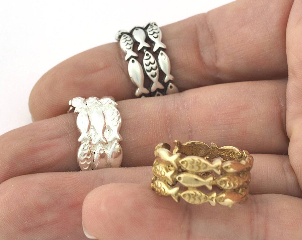Fish Ring Adjustable Raw brass - Shiny Silver - Antique Silver 8US size 5122