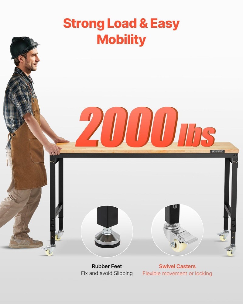 60in Modular Workbench 2000lb Capacity Adjustable Height Oak Top Power Outlets