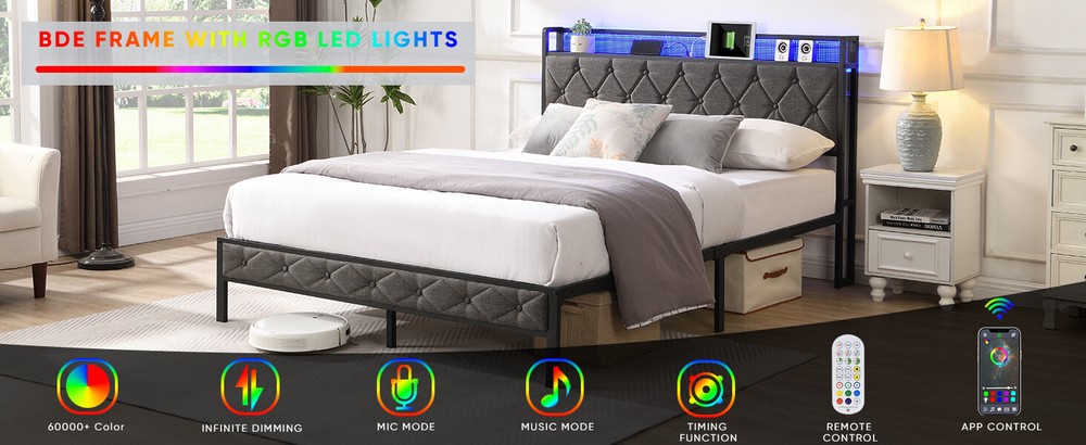 Full/Queen/King Bed Frame with Storage Headboard, Charging Station LED Lights,