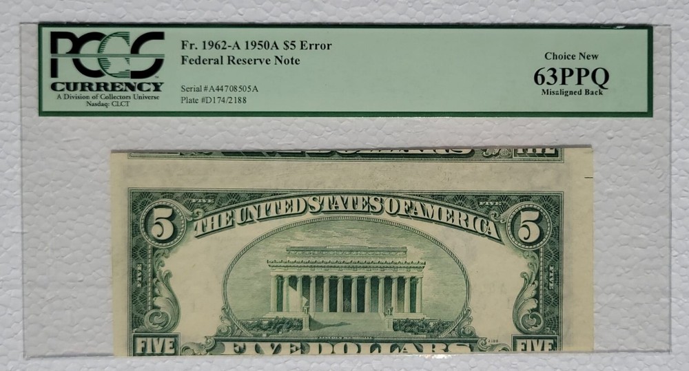 1962 $5 FEDERAL RESERVE ♚ Misaligned Back ♚ ERROR NOTE - PCGS 63BBQ
