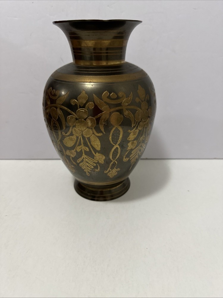 8.5” Solid Brass Etched Vase Floral Design, India