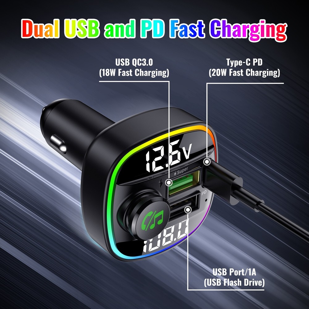 USB PD Charger w/ AUX&Hands-Free Function FastCharge Car Wireless FM Transmitter