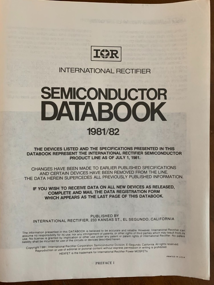 IR Semiconductor Databook 1981/82 # SD-1 Paperback Good condition.