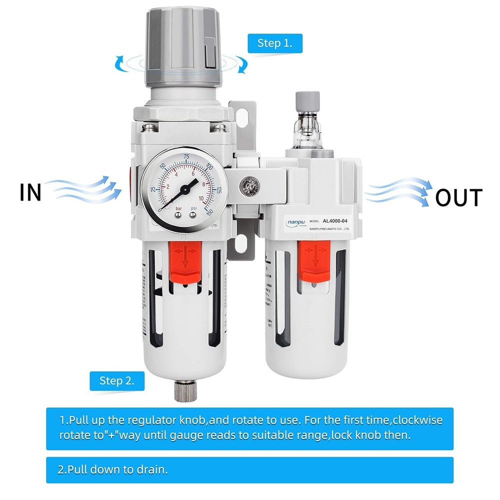 1/2" NPT Compressed Air Filter Regulator Lubricator Combo for Professionals