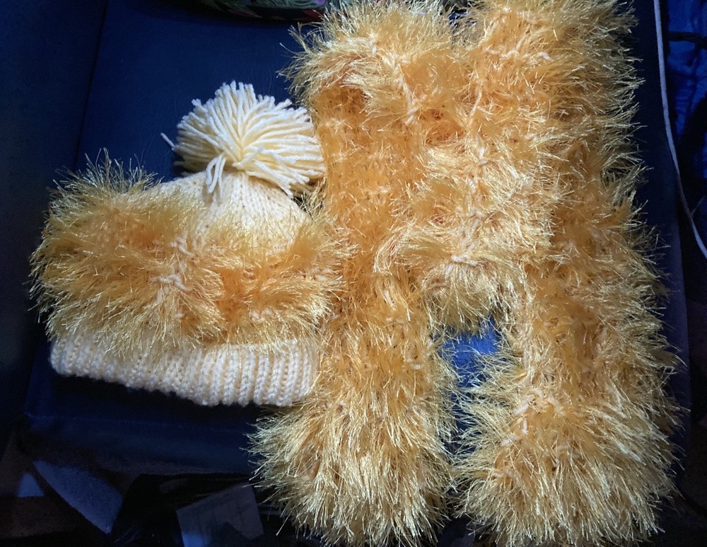 Hand Knitted Hat & Scarf - Gold