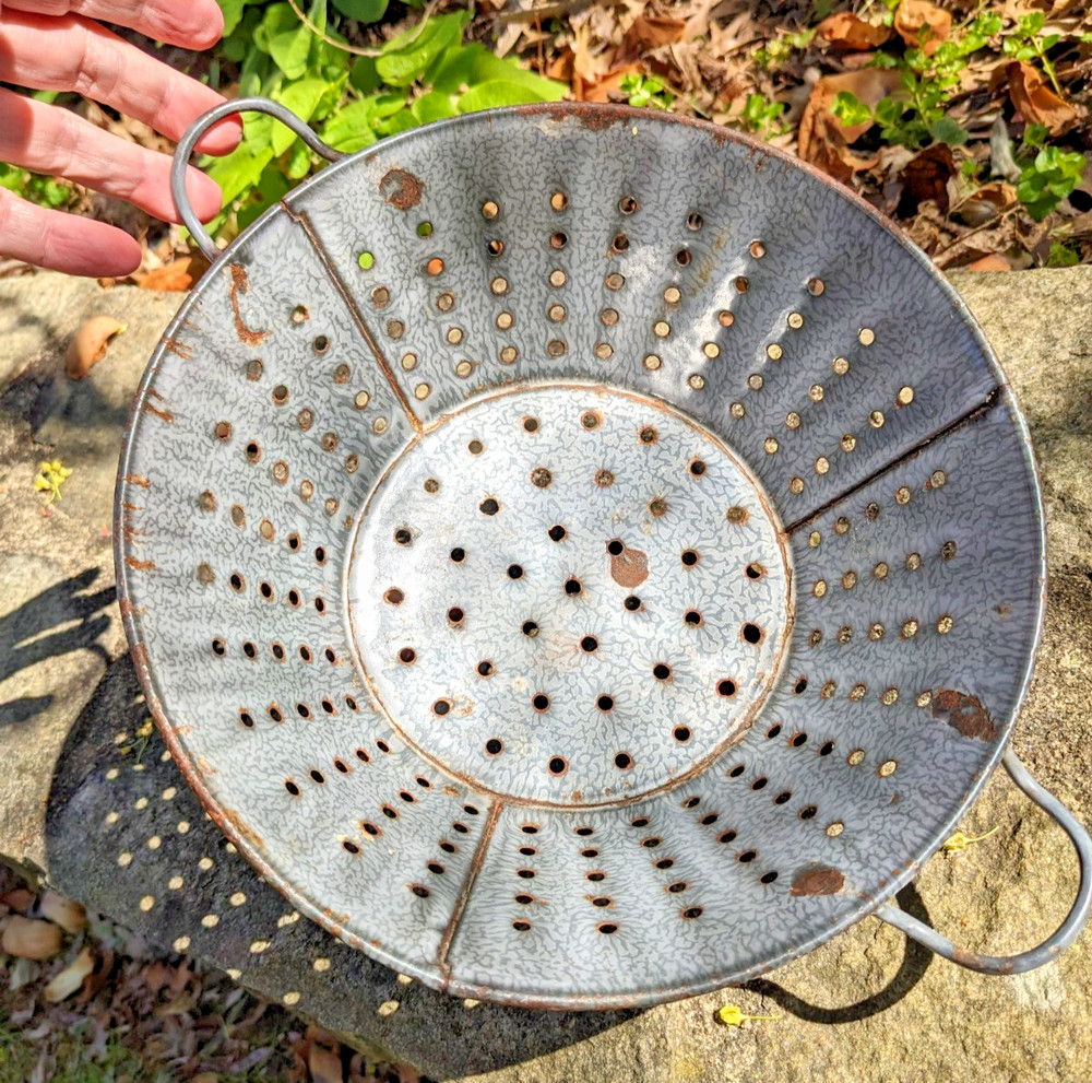 Antique Graniteware Colander Enamelware Strainer Rustic Primitive Farmhouse