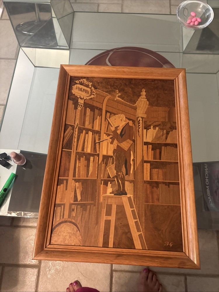 Wood Inlay Panel Art. “ Tge Bookworm”