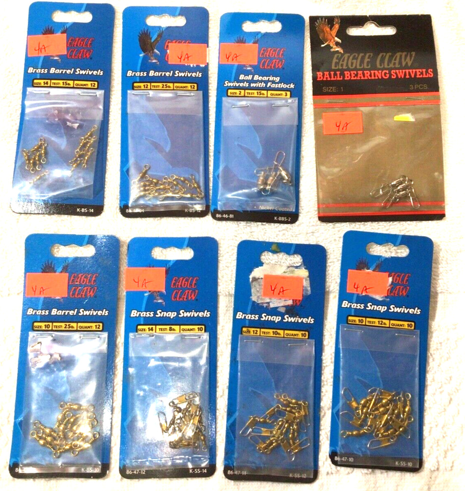 8 pkg (70pc) Eagle Claw NICKEL BRASS BB fastlock BARREL Snap Swivels - 4a