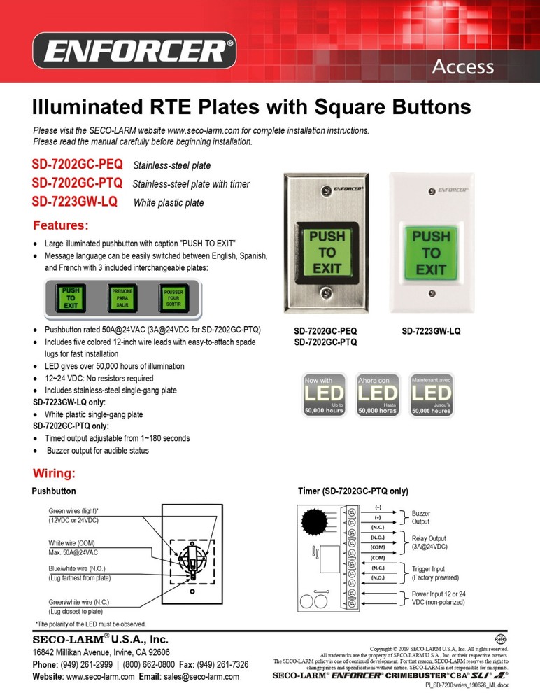 Seco-Larm SD-7202GC-PTQ Illuminated Request-to-Exit Single-Gang Wall Plate