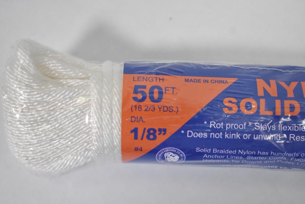 TW Evans Solid Braid Nylon Rope 50' x 1/8" #4 44-043 White Flexible Extended Use