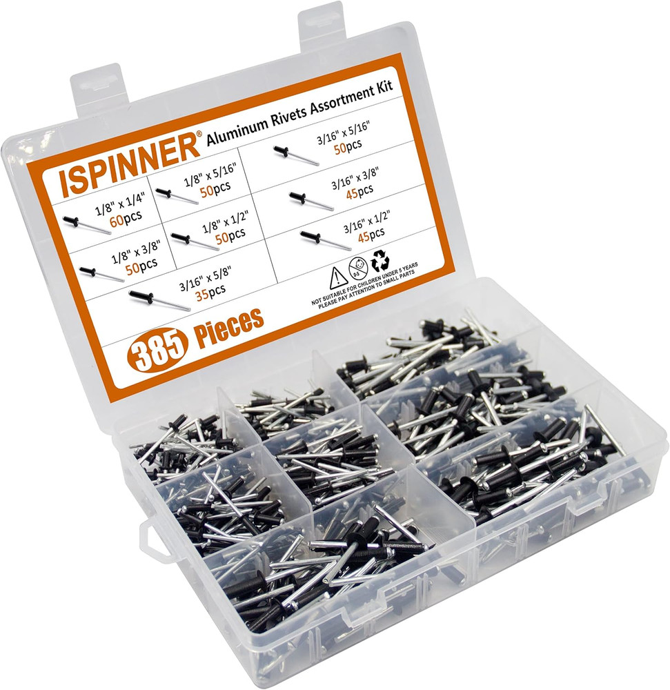 385Pcs 8 Sizes Aluminum Blind Rivets, Pop Rivets Assortment Kit (Black)