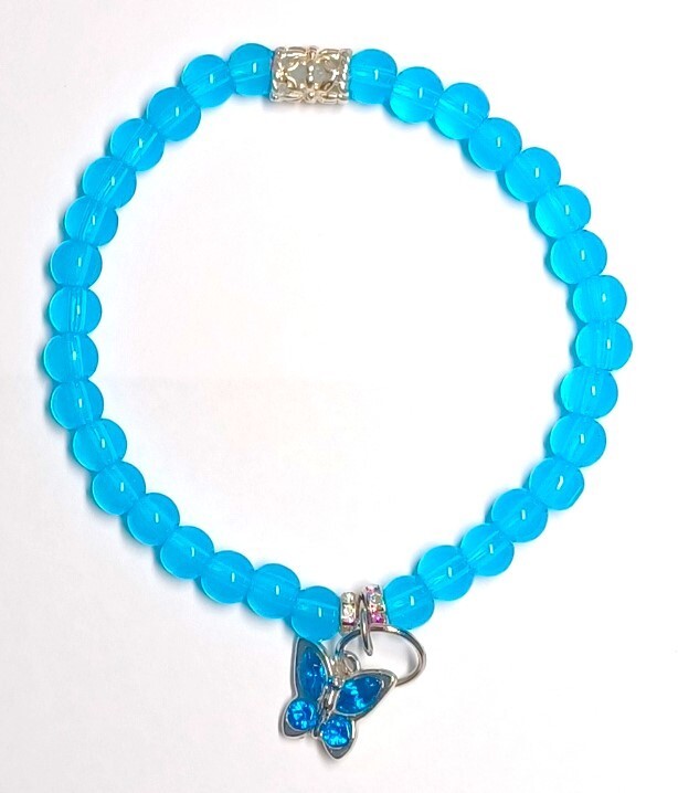 Blue Beaded Bracelet with Dangling Butterfly Charm