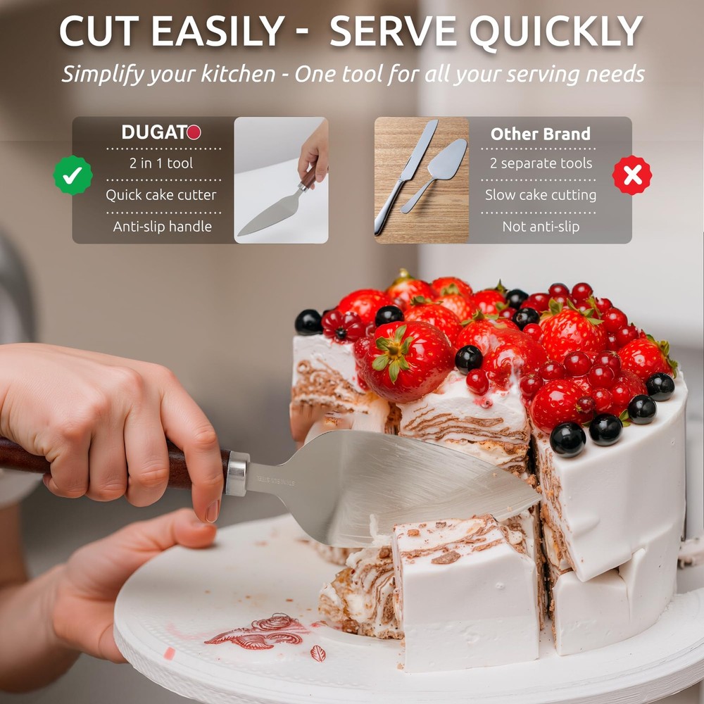 Dugato Pie & Cake Server with Wooden Handle – Medium, Stainless Steel