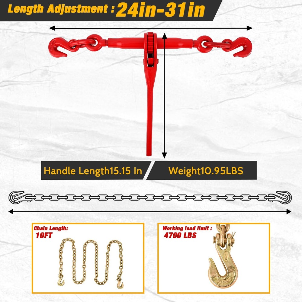 2pcs Ratchet Load Binders, 5/16"-3/8" Chains and Binders Kit ,Grab Hooks