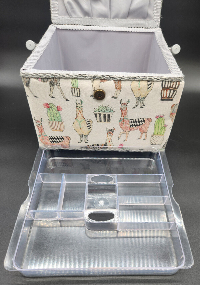Llama Sewing Craft Box w/ Handle & Removable Accessory Tray Fabric Covered NEW