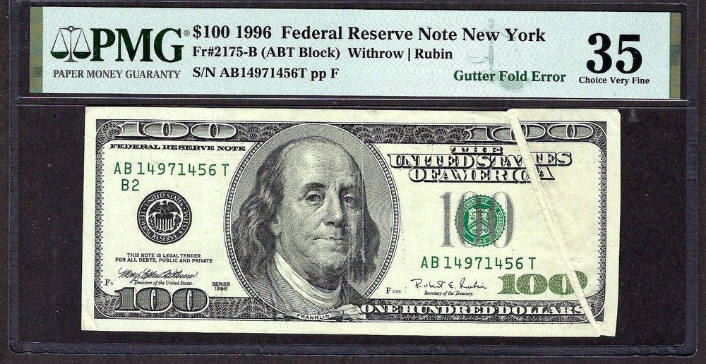 🇺🇸 ERROR 1996 $100 NEW YORK ♚♚GUTTER FOLD ERROR♚♚ PMG CHOICE VERY FINE 35