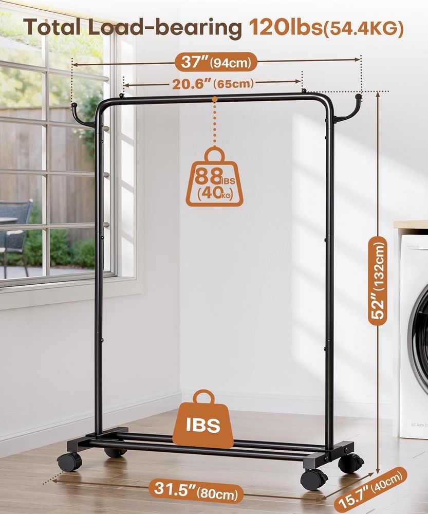 Adjustable Rolling Clothes Rack with Hooks - Heavy Duty Indoor Storage